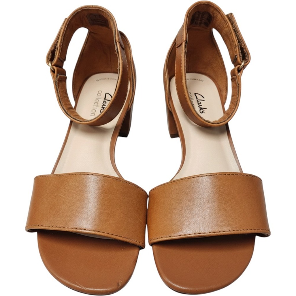 Clarks Collection Tan Brown Leather Ankle Strap Block Heel Sandals Womens 7 W